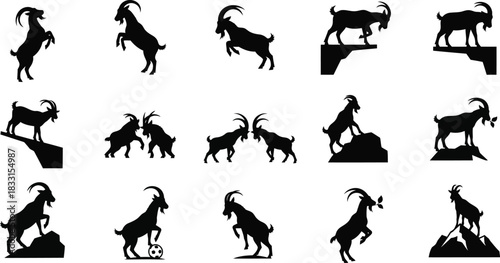 Goat silhouette collection diverse poses of mountain goats on rocks