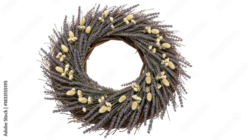 Fototapeta premium Isolated decorative door wreath with lavender and bunny tail grass; elegant design element
