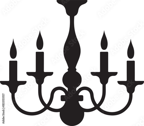 Black silhouette of a five-arm candelabra chandelier with flame-shaped candles white