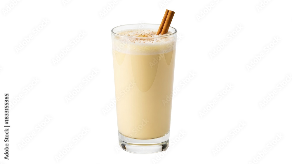 Naklejka premium Isolated glass of eggnog beverage with two cinnamon sticks for holiday celebration