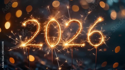Hyperrealistic Sparkler Writing 2026 in Air with Bokeh Background