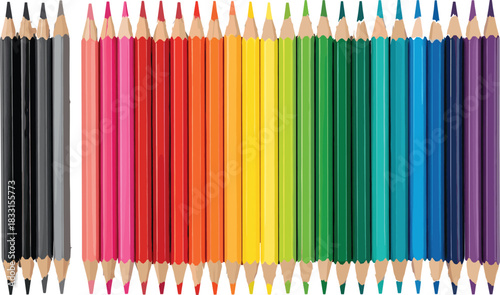 Colorful vector illustration of a row of wooden pencils with blue outline paths visible showing the active selection tool in graphic design software application.