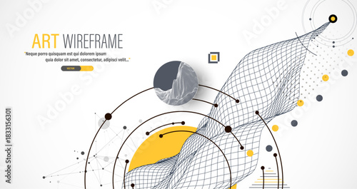 Abstract composition with wireframe wave, dots, and lines. Vector.