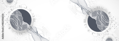 Abstract composition with wireframe wave and technology circles. Vector
