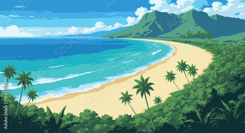 Scenic Beach Landscape A Tranquil Coastal Scene with Palm Trees, Ocean, and Mountains