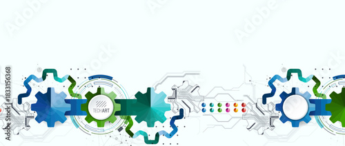 Stylized view of gears integrated with microcircuits. Concept of combining mechanics and electronics.