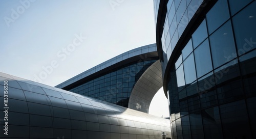 Modern building exterior, curved metal and glass against a clear blue sky