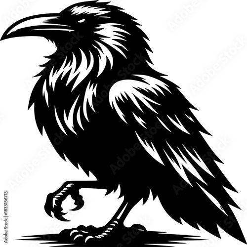 Mysterious Crow Silhouette: A stark black and white image of a crow, exuding a sense of intrigue, strength, and symbolism.