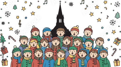 Christmas Carolers singing in front of a church with festive decorations