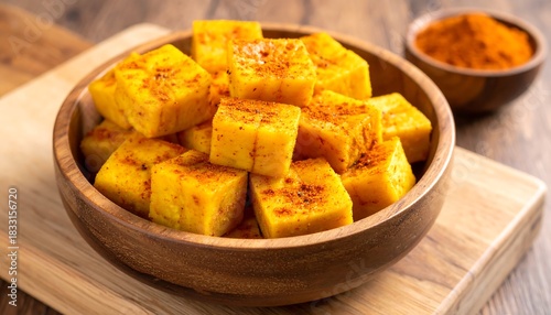Cubes, golden yellow, pile up inside wooden bowl on top of light wood with a small bowl of orange powder