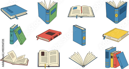 Vector collection of colorful book illustrations, education icons, open and closed textbooks, library literature, school supplies, reading materials, study concepts, flat design,