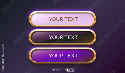 Set of three realistic glowing buttons with golden frames. Perfect for modern web elements or banners.