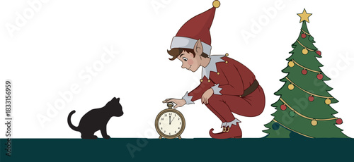 Christmas Eve An Elf with a Clock and Black Cat Illustration