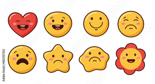 Cute Emoji Set with Heart, Star, Flower and Smiley Faces for Expressing Emotions