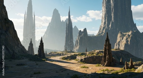A vast alien landscape with towering spires under a bright sky