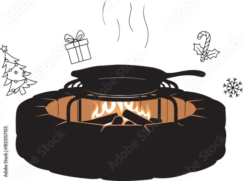 Cozy holiday campfire cooking vector illustration design with decorations