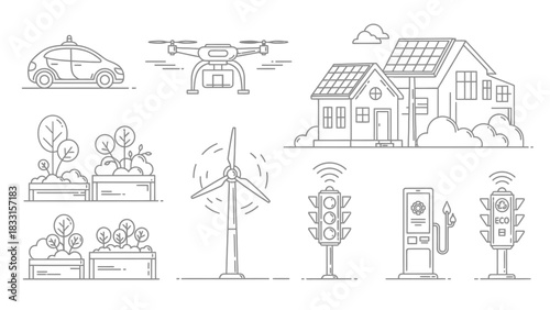 Illustration depicting sustainable living with autonomous car, drone, solar panels, and wind turbine energy