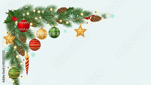 Festive christmas garland with pine needles ornaments pine cones snowflakes and warm string lights in a corner design on a light blue background