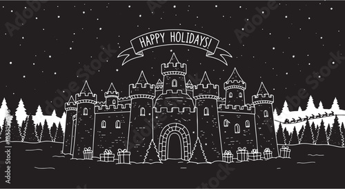 Enchanted Christmas Castle with Sleigh and Presents in Winter Scene