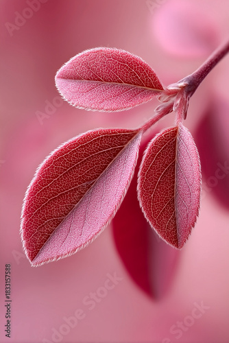 Close up of a leaf with a pinkish hue. The leaf is covered in frost and he is a part of a flower
