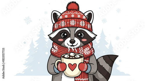 Cute cartoon raccoon wearing a red knitted hat and scarf holding a mug of hot chocolate with marshmallows in a snowy winter forest setting