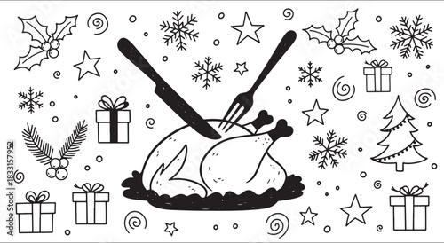 Festive Thanksgiving or Christmas dinner scene line art illustration