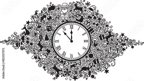 Holiday Season Black and White Clock with Festive Ornamentation