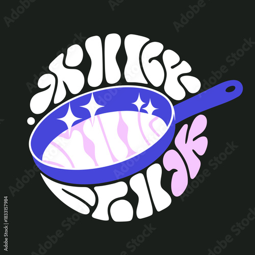 Blue frying pan with pink and white swirls and sparkles