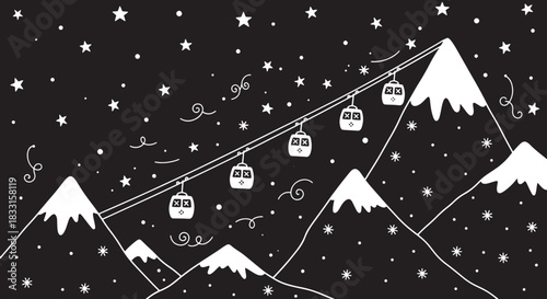 Minimalist black and white ski resort landscape with stars and gondolas