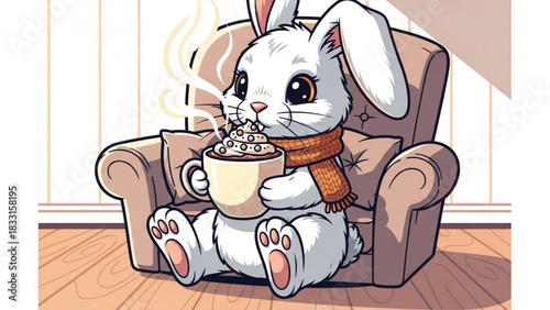 Cute white bunny wearing an orange scarf sits comfortably in a plush armchair enjoying a steaming mug of hot chocolate topped with whipped cream and sprinkles