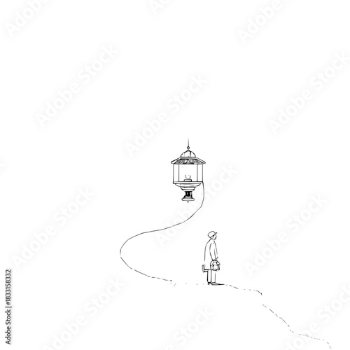 A lonely journey towards light with a vintage lantern illuminating the path ahead in the darkness