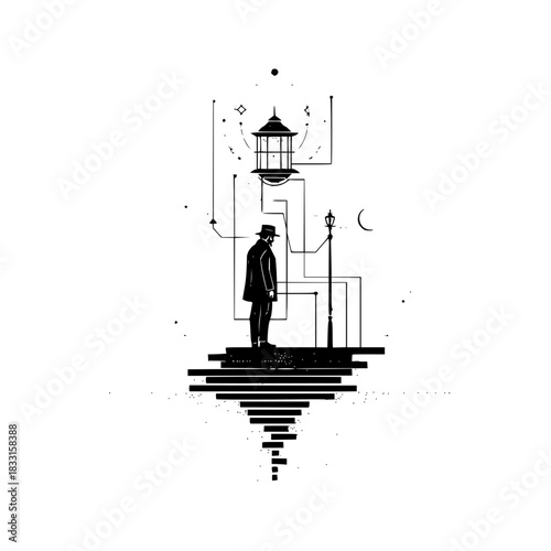 A man under the lamp post stands on stairs in a surreal and abstract night scene with stars and moon