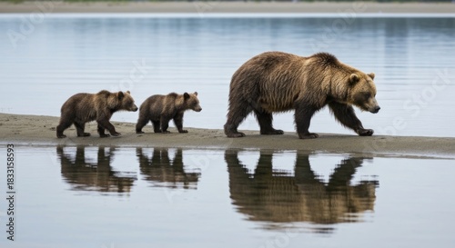 A mother bear and cubs walk along a sandy shoreline, with reflections