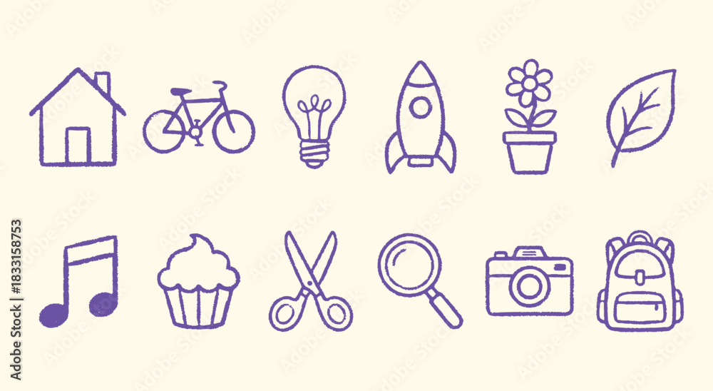 Fototapeta premium Lifestyle. Icon Set. A purple vector line art collection of modern hobby, tech, and creative icons for a website, a mobile app, a presentation, or a fun and creative design project.