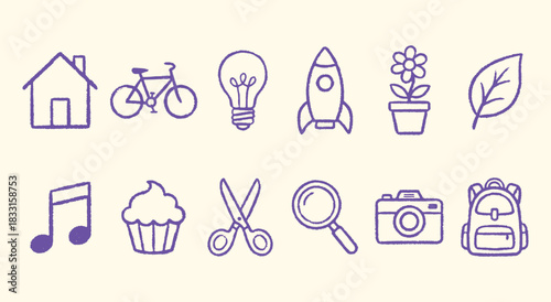 Lifestyle. Icon Set. A purple vector line art collection of modern hobby, tech, and creative icons for a website, a mobile app, a presentation, or a fun and creative design project.