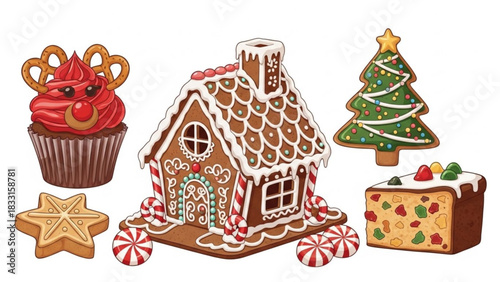 A delightful collection of festive christmas treats including a gingerbread house a reindeer cupcake a christmas tree cookie fruitcake star cookie and peppermint candies on a white background