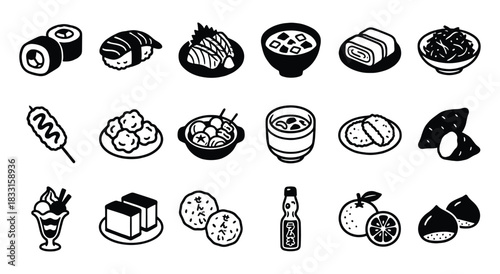 Japanese Food. Icon Set. A simple black and white vector collection of various Japanese dishes like sushi and takoyaki for a restaurant menu, a food blog, or a cultural design project.