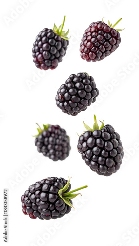 Multiple fresh ripe blackberries are falling and scattering, clearly isolated on a transparent background for various healthy design uses.