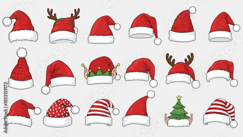 Collection of festive christmas hats including santa hats reindeer antlers elf hats and a christmas tree hat perfect for holiday celebrations and winter themes