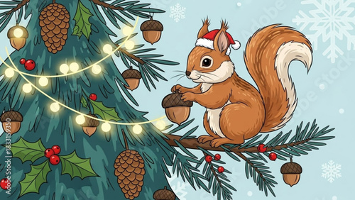 A cute cartoon squirrel wearing a santa hat sits on a christmas tree branch holding an acorn ornament surrounded by festive decorations and snowflakes