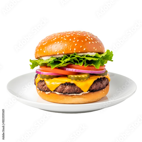 A cheeseburger with toppings on a white plate