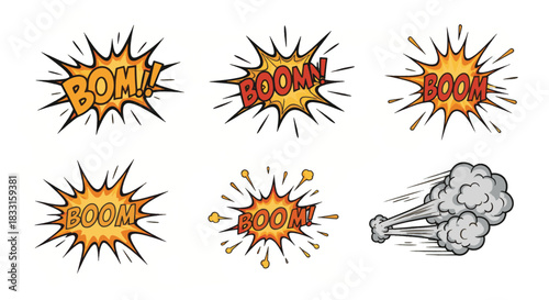 Set of comic book explosion sound effects with text BOOM and wind effect on white background