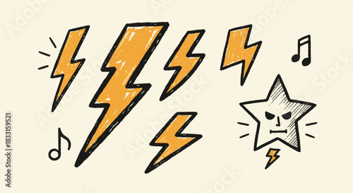 Hand-Drawn Lightning Bolts, Stars, and Music Notes Illustration