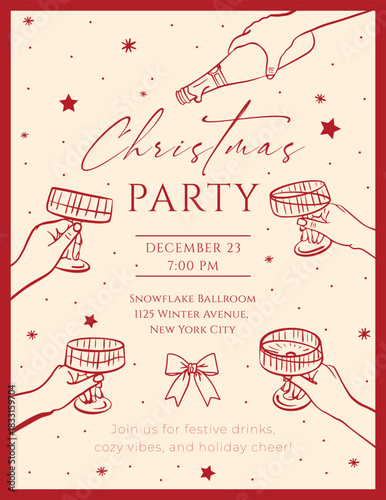 Christmas Party Invitation Template with Champagne Glasses.Elegant Christmas party invitation template featuring hand-drawn champagne glasses, a bottle being opened, festive stars