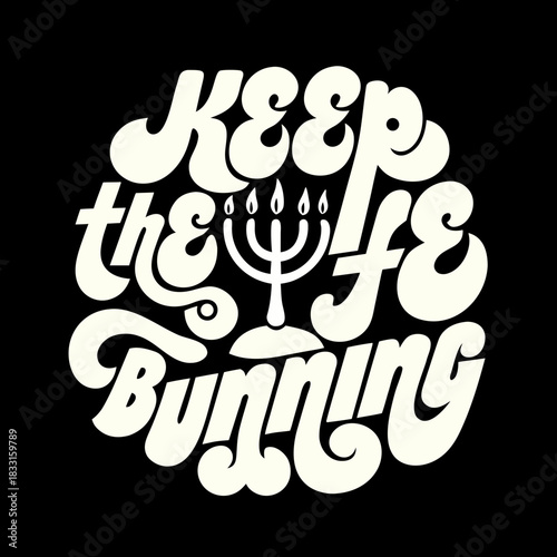 Cream colored lettering with menorah on black background