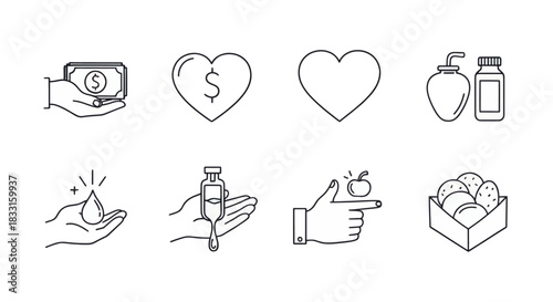 Collection of Line Art Icons Money, Heart, Love, Health, Wellness, Fruits, and Food