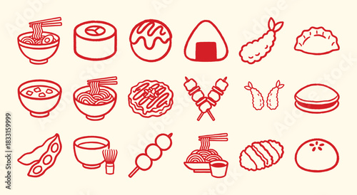 Japanese Food. Icon Set. Red. A minimal vector line art collection of Japanese dishes like sushi, ramen, and takoyaki for a modern restaurant menu, a food blog, or a website design.