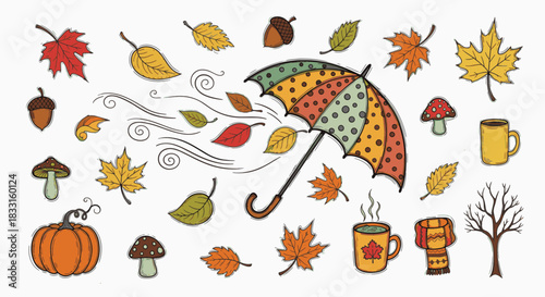 Charming hand-drawn autumn collection featuring vibrant falling leaves, a whimsical umbrella, cozy mugs, pumpkins, and acorns, ideal for festive fall season designs