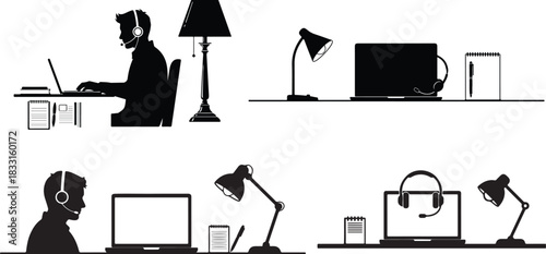 Customer Service Agent Vector Silhouettes: Remote Work and Call Center Icons Set.