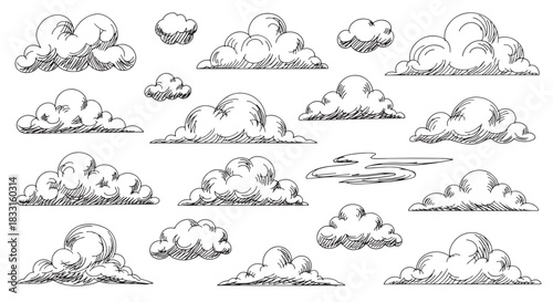 Hand-drawn vector sketch clouds set. Isolated fluffy cumulus cloud shapes in a retro engraving style for sky or weather design